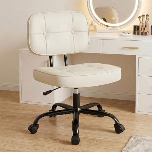 DUMOS Home Office Desk Chair - Ergonomic Armless PU Leather Computer Rolling Task Chair，with Comfy Lumbar Support and Height Adjustable, Vanity, Bedroom, Beige