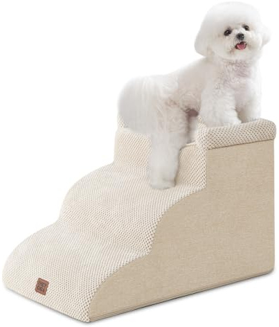 EHEYCIGA Dog Steps for Bed and Sofa 35.5cm H, 3-Step Dog Stair, Cream | High Density Sturdy Foam, Non-Slip Bottom and Surface, Removable Machine Washable Cover, For Small Dogs and Cats