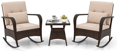 GIANTEX Juego de Mecedoras de Jardín de 3 Piezas, Conjunto de Muebles de Ratán PE con Mesa de Vidrio Templado, 2 Sillas Mecedroras y Cojines, Juego de Conversación Exterior para Terraza Patio Piscina