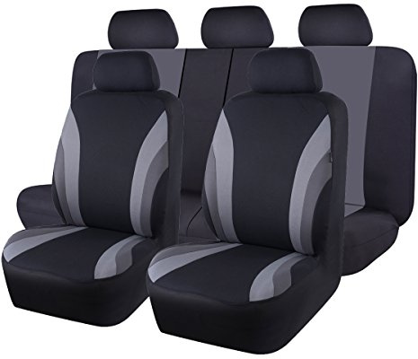 CAR PASS Line Rider Sporty Cloth 11PCS Universal Fit Car Seat Cover -100% Breathable with 5mm Composite Sponge Inside,Airbag Compatible,3zipper Bench(Full Set, Black and Gray)
