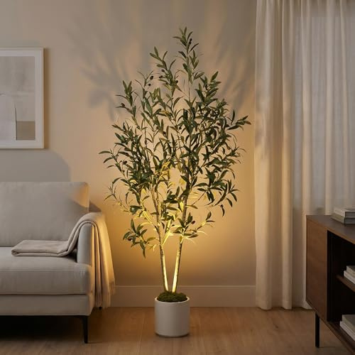 5ft Lifelike Artificial Olive Tree with Light, White Pot, Moss & LED