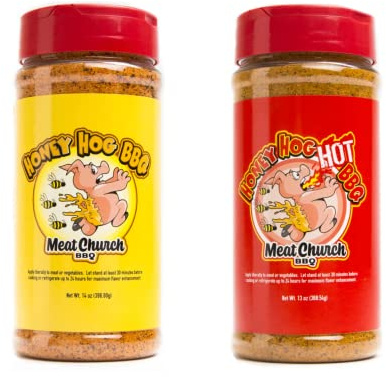 Meat Church Honey Hog BBQ Rub Combo: Honey Hog (14 oz) and Honey Hog Hot (13 oz) BBQ Rub and Seasoning for Meat and Vegetables, Gluten Free, One Bottle of Each