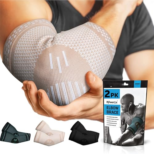 POWERLIX Gomitiera per Uomini/Donne (2 Pezzi) Supporto con Compressione per il Braccio per Tendinite, Gomito del Tennista/Golfista, Supporta le Maniche per la Protezione Durante lo Sport, Beige, S