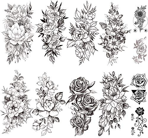 Yesallwas 12 Sheets Black Flower Tattoo Sleeves Temporary Tattoo Water Transfer Tattoo Sticker Peony Rose Tattoos Tattoo Girl Sexy Arm Tatto Body Art （B）
