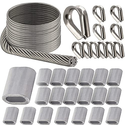 OPIOL QUALITY® 40m Drahtseil Hart 1x19 3mm, 20x Pressklemme Aluminium 3mm, 10x Kausche 3mm ähnl. DIN 6899 Edelstahl A4 Set Drahtseil Seil Kabel Seilklemme Seil Kasuchen Klemme Rankhilfe Sonnensegel