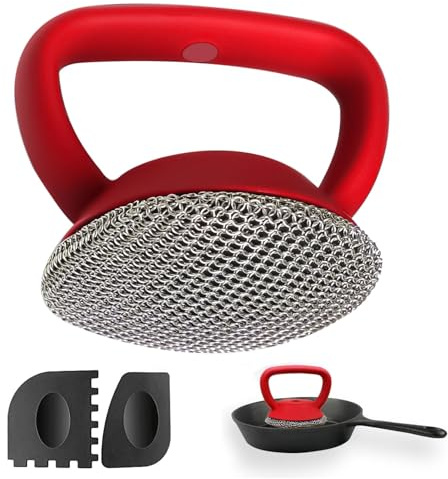 MEIXINZHI Cast Iron Cleaner, Chain Mail Scrubber & Pan Grill Scrapers - 2 in 1 Cast Iron Skillet Cleaner