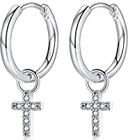 Creolen Silber gold mit Kreuz Anhänger für Damen Herren Mädchen, Creolen Silber 925 Huggies(10mm) mit Zirkonia Ohrringe Gold Knorpel Tragus Schlafen Ohrringe