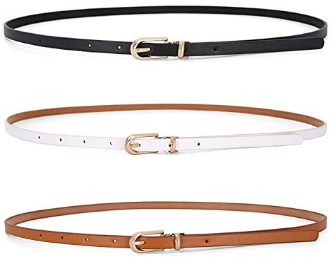 3Pcs Damen Skinny Ledergürtel für Kleider Dünner Taillengürtel mit Metallschnalle für Jeanshosen (schwarz/weiß/grau/camel)