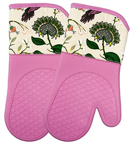 Oven Gloves Heat Resistant Silicone Shell Waterproof Set of 2 (Birds) | Heat Resistant Silicone Oven Gloves Set Of 2, Waterproof & Quick Dry, Perfect For Bbq, Cooking, Baking & Grilling (33x17cm)