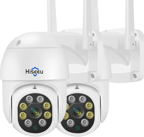 Hiseeu 2 Unités Caméra de Surveillance WiFi Extérieure 2K 5MP PTZ Caméra IP Vision Nocturne Couleur Détection de Mouvements Humaine Suivi Automatique 355° 90° Audio Bidirectionnel Carte SD IP66