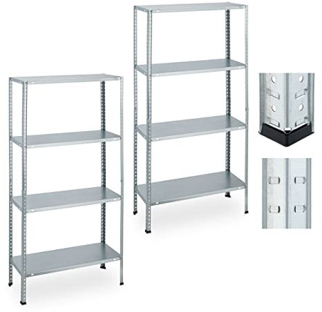 Relaxdays Schwerlastregal 2er Set, HBT: 147,5 x 75,5 x 30,5 cm, 160 kg, verzinkter Stahl, Lagerregal für Keller, Silber