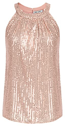 Camiseta sin Mangas de Verano para Mujer Blusa con Cuello de Lentejuelas Camisetas sin Mangas de Verano Elegante Rosa XL
