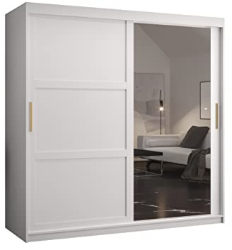 Mirjan24 Kleiderschrank Rotuni II, Schlafzimmerschrank mit 2 Kleiderstangen Spiegel und Fächer, Schiebetürenschrank Garderobeschrank Schlafzimmerschrank (Modell 180, Weiß/Weiß)
