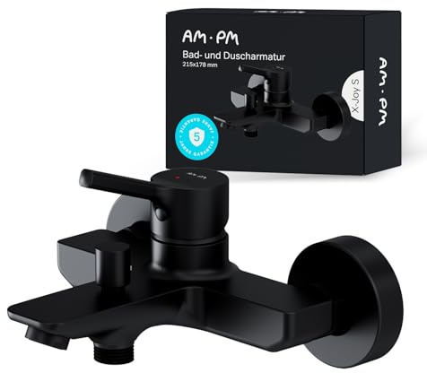 AM.PM X-Joy S Badewannenarmatur Schwarz Matt mit Auslauf, Mischbatterie Badewanne, Brausebatterie Wanne, Einhand-Wannenbatterie für Badewanne und Dusche, Badezimmer Armatur, FXB10022