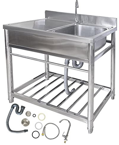 Waschbecken Spültisch Edelstahl Mobiles Werkstatt Außenbereich Gewerbliche Küche Spülbecken Bauernhaus Wasserhahn mit Kaltwasserleitung für Camping Außen,Garage,L100cmxW51xH80cm