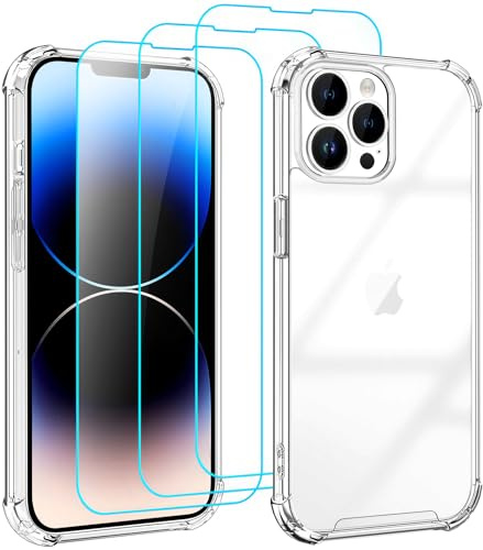 Whioltl Custodia per iPhone 14 Pro con 3 pellicole protettive 4 in 1, trasparente, antigraffio, antiurto, protezione completa non ingiallita, ultra trasparente
