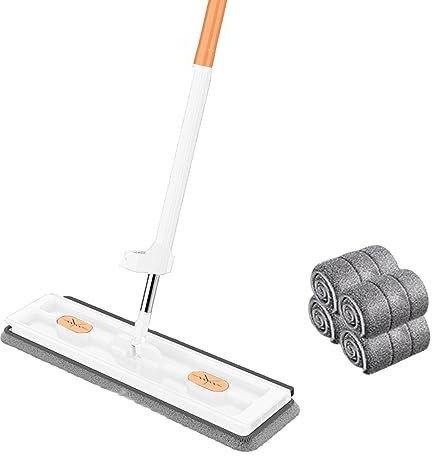 Huasean Flat Cleaning Mop 360 Degree Rotatable Microfibre Floor Mops Dry And Wet Dust Mop With Long Handle & 4 Reusable Washable Pads No Hand Washing Wring-ing Laminate Floor Mop