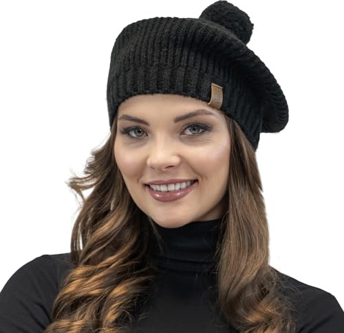 VIVISENCE Damen Baskenrmütze Warm Bequem Kopfbedeckung Bommel Winter 7074, Schwarz,Einheitsgröße