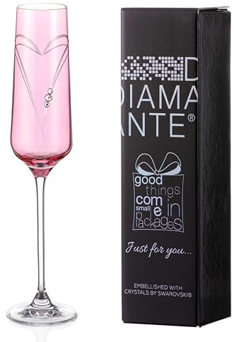 DIAMANTE Champagne Flute Glass - Pink Hearts - Single Pink Coloured Giftable Champagne Glass with Swarovski Crystals