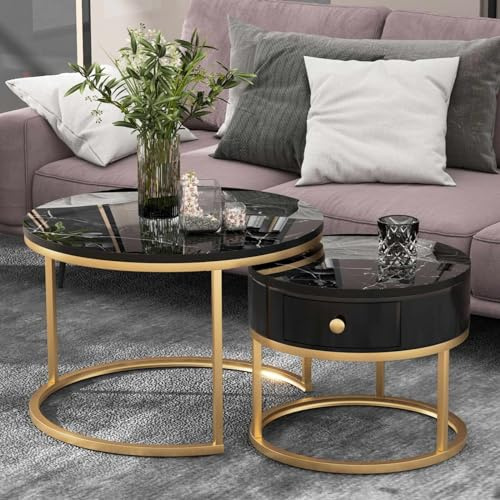 KOMHTOM Runder 2er Set schwarzer Couchtisch Beistelltisch, Wohnzimmertisch mit Stauraum, Kaffeetisch für Wohnzimmer Schlafzimmer Balkon (A)