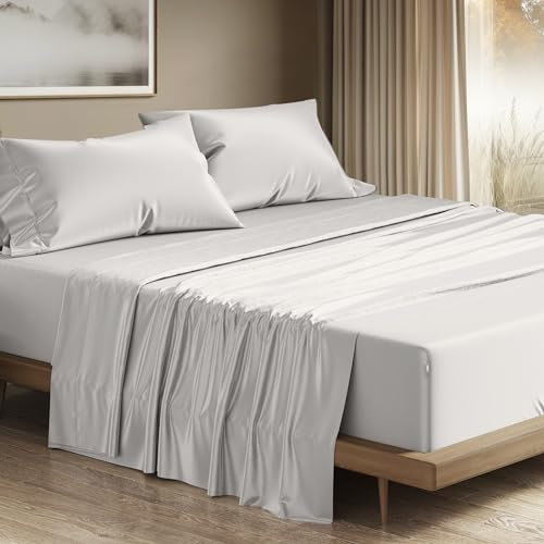 THREAD SPREAD 100% Egyptian Cotton Sheets Queen Size - 1200 Thread Count 4 PC Queen Sheet Set Egyptian Cotton, Sateen Luxury Sheets Queen Size, High Thread Count Sheets, 17 Deep Pocket - Light Grey