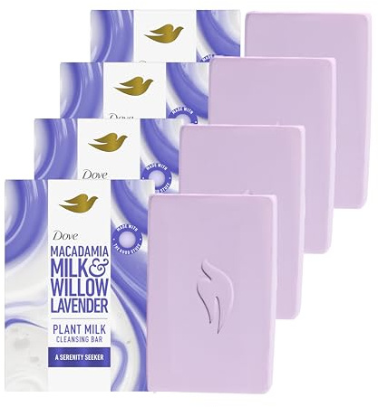 Dove Plant Milk Cleansing Bar Soap Macadamia Milk & Willow Lavender Serenity Seeker 4 Count for Moisturized Skin Gentle Cleanser, No Sulfate Cleansers or Parabens, 98% Biodegradable Formula 5 oz