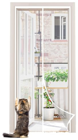 Sekey Fliegengitter Balkontür Magnet | Insektenschutz Tür/Balkontür | Ohne Bohren, Klett-Magnet-Montage | Katzensichere Verstärktes Polyester Anti-Reiß | Verbreitertes Klebeband |100x210 cm Weiß