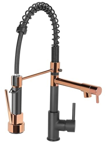 EGTink Rubinetto da cucina, miscelatore da cucina, rubinetto con doccetta estraibile girevole a 360 gradi, lavello ad arco alto spruzzatore a 2 modalità, nero+oro rosa