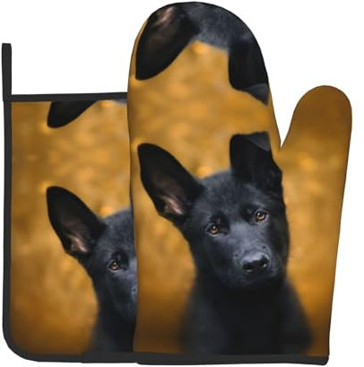 Ofenhandschuhe und Topflappen, Motiv: Deutscher Hund, personalisierbar, bedruckt, sicher, rutschfest, für Küche und Kochen, Schwarz