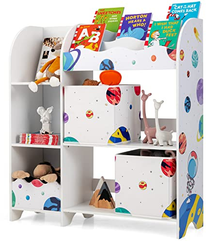 GYMAX Scaffale Portagiochi Bambini, Libreria di Legno a 3 Strati, 2 Scatole in Stoffa, Organizzatore per Giocattoli e Liberi, per Cameretta Ragazzi, Multiuso e Salvaspazio, Astronauta, Spazio, Bianco