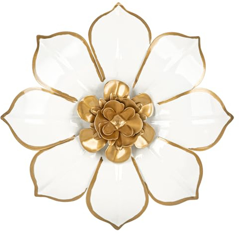 Arborus Blumen Wandskulpturen Metall Wanddeko 25 CM Runde Wandskulpturen Magnolienblumen Metallbilder Weiß Wandkunst Wandornament Boho Deko Modern Deko für Wohnzimmer Schlafzimmer Badezimmer Flur