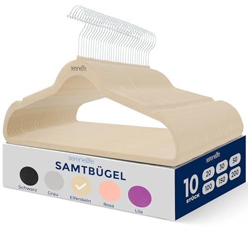 SereneLife Kleiderbügel Platzsparend, 10 Stück Kleiderhaken Samt rutschfest, Hangers Clothes mit 360° drehbarer Haken für Röcke, Hosen für Ihre Garderobe, Einkerbungen im Schulterbereich, Naturweiß
