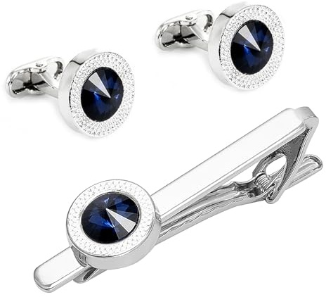 Gleamart Silberne Krawattenklammer Manschettenknöpfe Set mit Strass für Herren Business Krawatte Pinch Clip Personalisierte Manschettenknöpfe Set