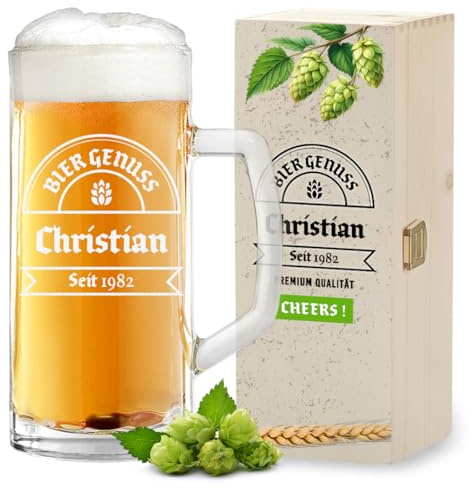 polar-effekt Bierkrug 0,5 Liter mit Gravur und Holzkiste mit Druck - Personalisiertes Männergeschenk - ideales Geburtstagsgeschenk - Glas für Pils, Lager und Export