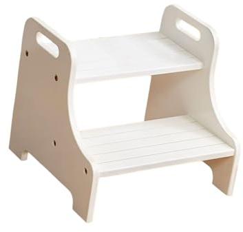 Fenteer Marchepied en bois Marchepied Meubles Tabouret à deux marches avec poignées pour enfants Filles âgées Garçons Chambre Lavabo de salle de bain, Blanc