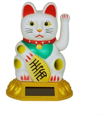 Alanmoship Gato de la suerte accionado por energía solar saludando Maneki Neko Fortune Cat Figurine Oro Blanco 10,5 cm (blanco)