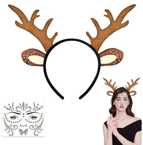 Ajuanbazha Rentier, Rentiergeweih mit Reh Gesicht Aufkleber, Rentier Weihnachten für Damen und Kinder, Rentier für Fasching, Cosplay
