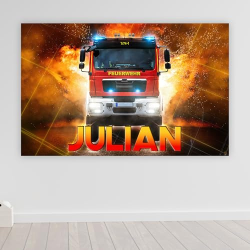 timalo® Cooles Poster mit Namen Feuerwehr Bild für die Wand | Wandbild für Kinder Jungen mit Feuerwehrauto Kinderzimmer Deko personalisiert | child003-B140xH61cm
