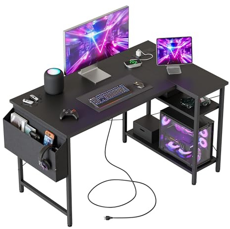 Mericonia Reversible Corner Desk, w. Power Outlets, 100x70cm, Black | Reversible Design, L-shaped desk with Bag, Height-adjustable Shelf, Gaming computer desk for home & office