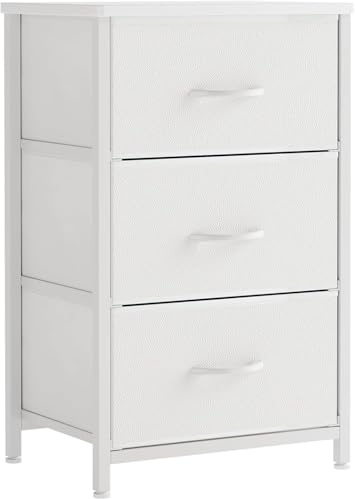 CAIYUN Nachttisch mit 3 Schubladen, Schmaler Kommodenschrank aus Stoff, Sideboard mit Holzplatte, Aufbewahrung für Schlafzimmer, Wohnzimmer, Flur, Modernes Design, Weiß, Platzsparend