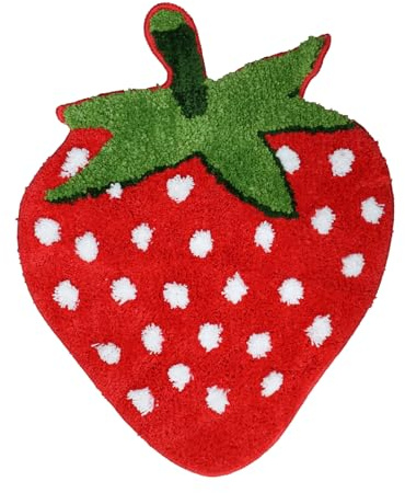 Prozebii Cute Strawberry Bath Mat, Fruit Decor Door Mat Bathroom Area Rug Non-Slip Soft & Absorbent Plush Coral Fabric Toilet Bathtub Bathmat Washable 70 x 55cm