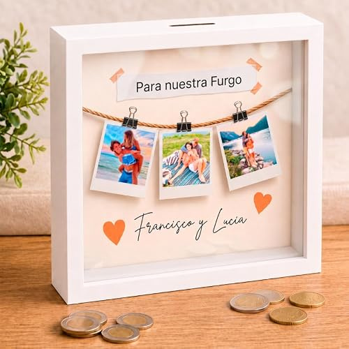 Cristal Plaque - Hucha Personalizada con 3 Fotos y Texto “Para nuestro futuro” | Hucha de Madera y Acrílico Transparente | Regalo Emotivo para Aniversario y Cumpleaños | Decoración Hogar con Fotos