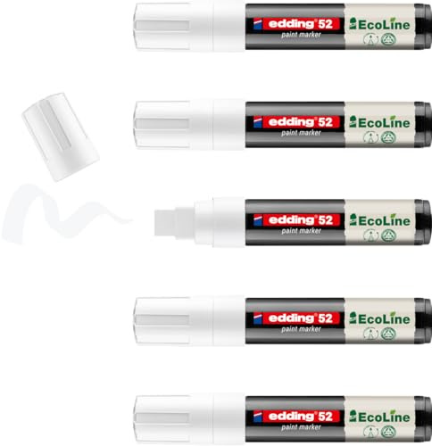 edding 52 EcoLine Lackmarker – weiß – 5 Stück – Rundspitze 4-15 mm – wasserbasierte Tinte, stark deckend & wasserfest – Lackstift für Glas, Stein, Holz, Kunststoff und Papier