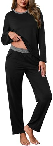 Crewhpo Pijama Mujer Invierno Cuello Redondo Conjunto de Pijamas Manga Larga Algodón Ropa de Dormir con Color Liso Camiseta y Pantalones