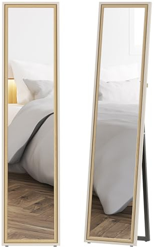 HOMCOM Espejo de Pie Cuerpo Entero 157x37 cm, Espejo Grande de Pared con Marco Bicolor, de Pie, Inclinado o Colgante, para Salón, Dormitorio, Pasillo, Entrada, Blanco y Natural Claro