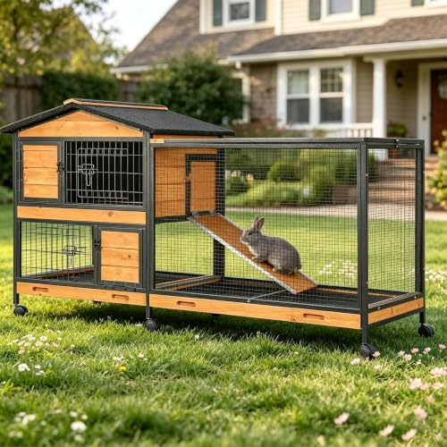 Aivituvin Hasenstall, Kaninchenstall mit kaufreiem Metallrahmen – Indoor & Outdoor Kaninchengehege mit Rädern und auslaufsicherem Ablagetablett (Holzfarbe)