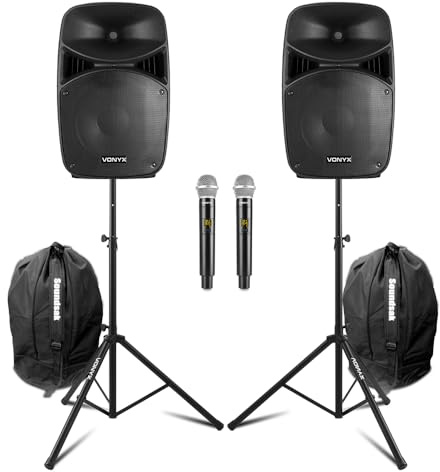 Vonyx 15 Active PA DJ Speaker System with Bluetooth, Wireless Microphones, Stands & Heavy-Duty Carry Bags, LED Lighting, 1000W Party Kit for Beginner DJs & Events