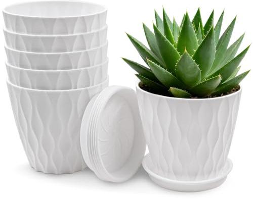 JJYHEHOT 6er Set Blumentöpfe, 10cm Pflanzentopf mit Untersetzer, Plastik Übertopf mit Mehrere Ablauflöchern, Blumentöpfe Set für Innen und Balkon Sukkulenten Kaktus, Weiß