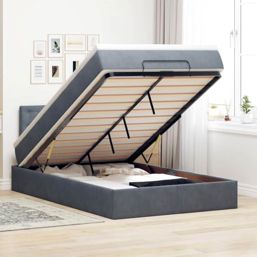 Frdhee Polsterbett Palettenbett, Ottoman-Bett mit Matratze Dunkelgrau 120x200 cm Samt, Großer Stauraum, Leicht zu Montieren und Stabil