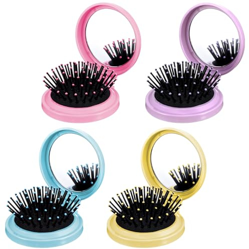 cobee 4 Pcs Folding Travel Hair Brushes with Mirror, Compact Folding Pocket Mirror Combs Round Hair Massage Comb Colourful Mini Mirrors Comb for Women(Yellow, Blue, Purple, Pink)